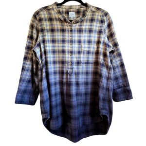 PJK Blue Label Womens L Cozy Plaid Flannel Henley Tunic Shirt Blue Yellow Ombre